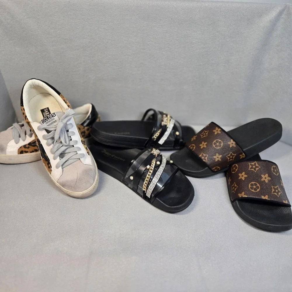 Juicy Couture Slide Sandals Womens Black Excellent Rhinestone Pearl Embellished